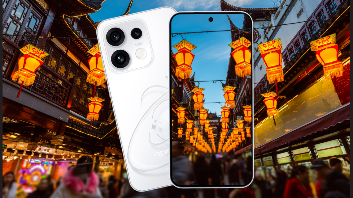 Image of the OPPO Reno 16 phone with an image of Shanghai on the screen