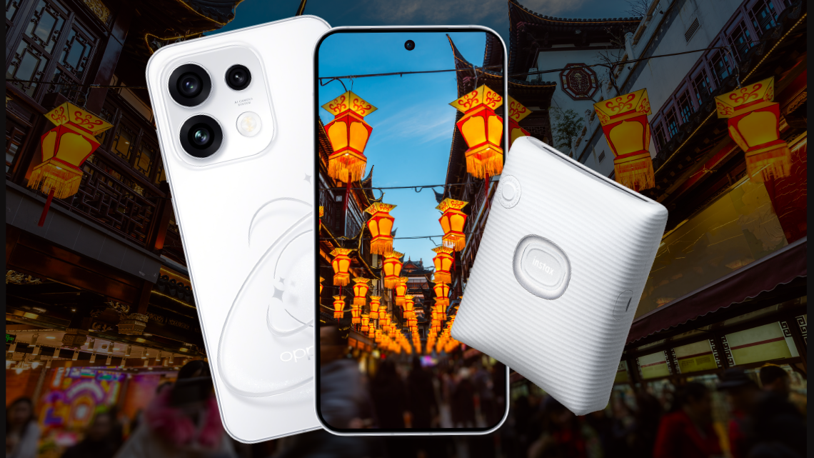 Image of the OPPO Reno 16 phone with an image of Shanghai on the screen and an Instax Square Link Mobile Printer