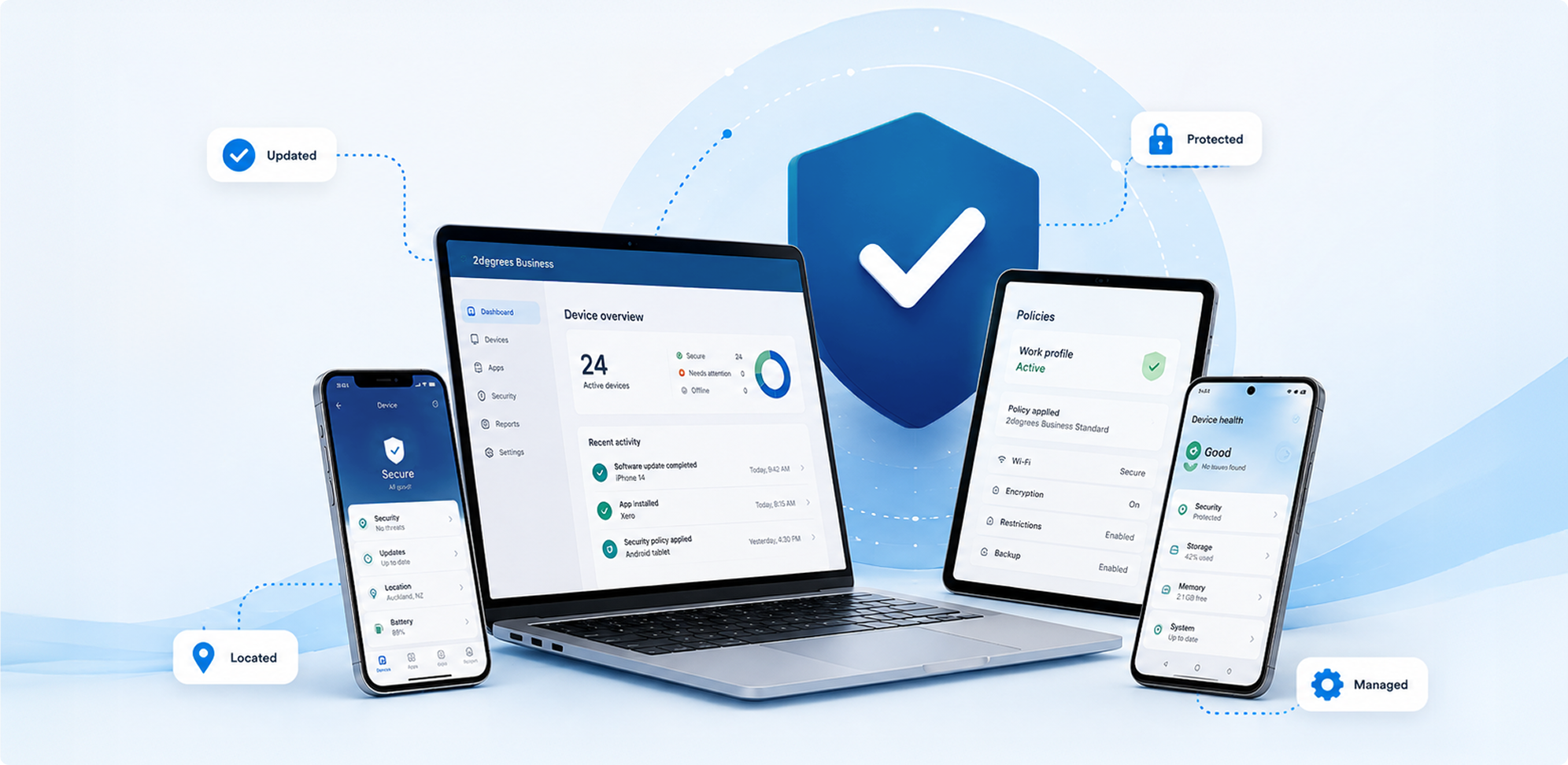 Image with a laptop, tablet and mobile phones showing them all as protected