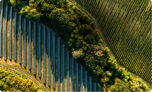 Photo of a aerial shot of a field of solar panels