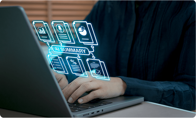 Image of a person working on a laptop with an overlay of an AI summary