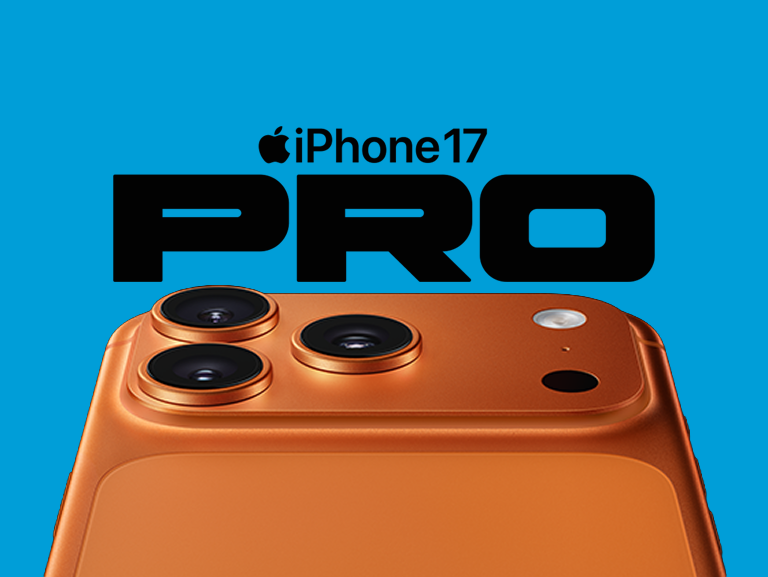 Image of the iPhone 17 Pro in Cosmic Orange with the iPhone 17 Pro logo on a blue background
