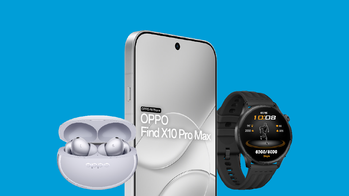 Image of the OPPO Find X10 Pro Max, the Enco X4 Buds and an OPPO Watch S on a blue background