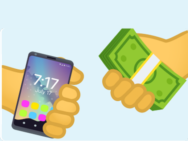 Emoji of a hand holding a mobile phone and another hand holding cash doing a swap