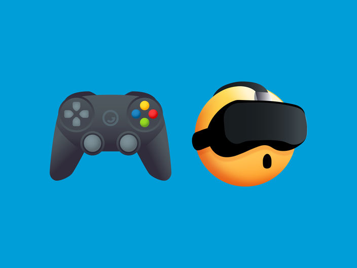 emojis of a gaming controller and emoji using a VR headset on a blue background