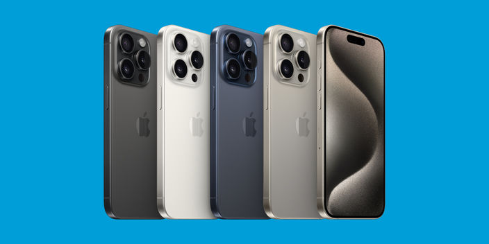 iPhone 15 Pro family on a blue background