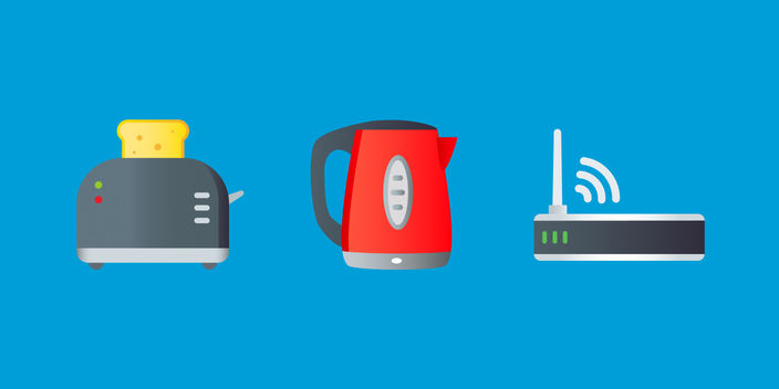 emojis of a toaster, kettle and modem on a blue background