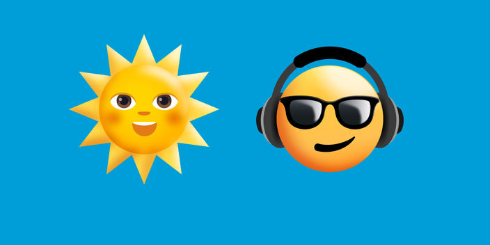 emoji of a sunshine and a face wearing sunglasses and headphones on a blue background