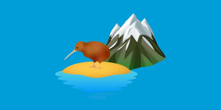 cartoon kiwi bird on a beach next to a mountain on a blue background