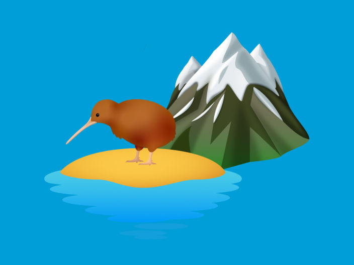 cartoon kiwi bird on a beach next to a mountain on a blue background