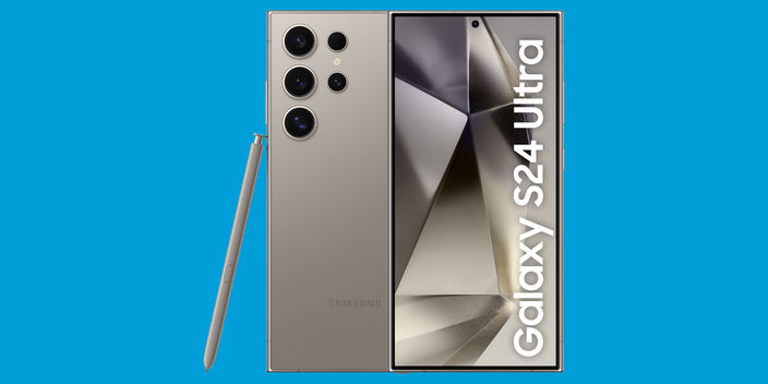 Samsung Galaxy S24 Ultra on a blue background