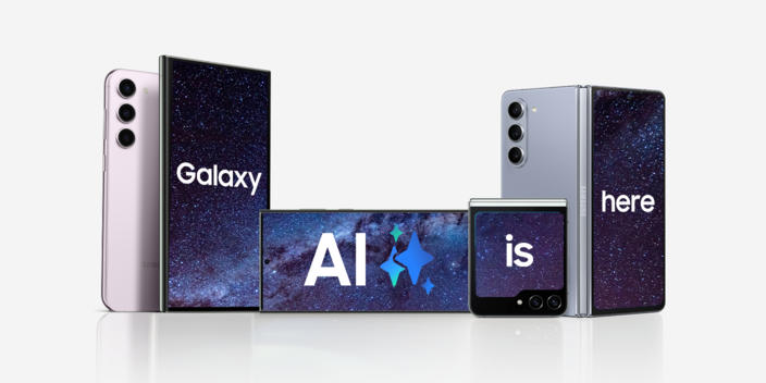 collection of samsung smart phone with the words 'galaxy ai is here' on the screens