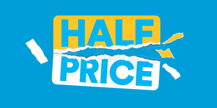 blue background with text overlay saying half price plans
