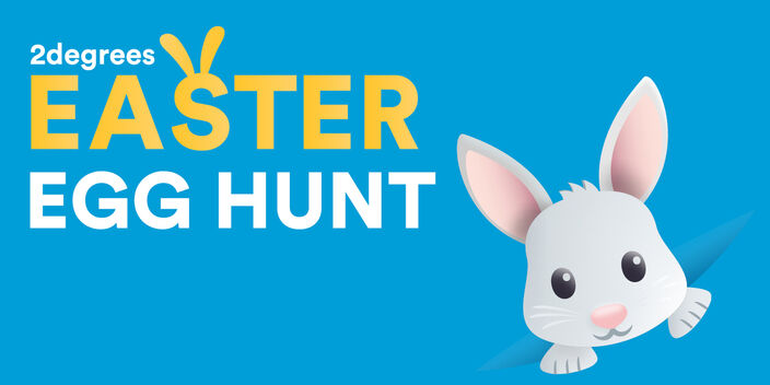 Image of a white bunny popping up from the right bottom corner and the text "2degrees Easter Egg Hunt"