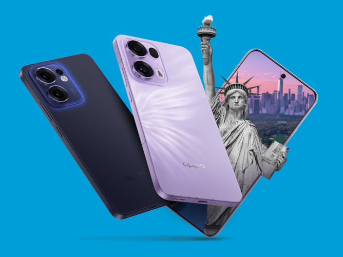 Image of OPPO Reno13 Series smartphones and the Statue of Liberty
