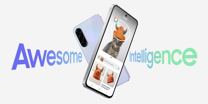 Image of the Samsung Galaxy A36 and A56 smartphones with the words "Awesome Intelligence"