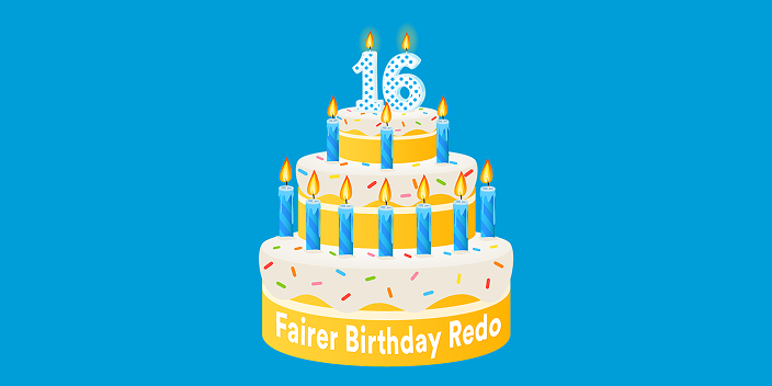 Emoji of a birthday cake with candles and the number 16 on top