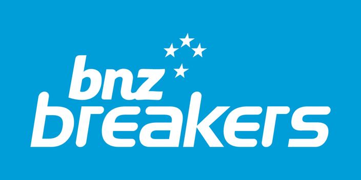 White BNZ Breakers logo on a blue background