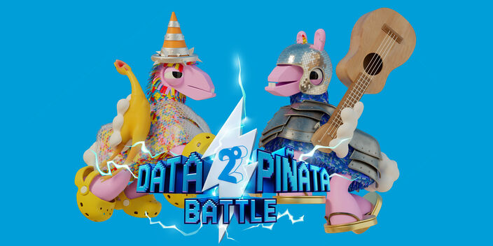 two 3d animated pinatas face to face with the title data pinata battle beneath them on a blue background