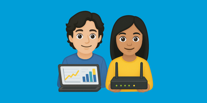 3d emojis of a woman holding a modem and a man holding a laptop showing graphs
