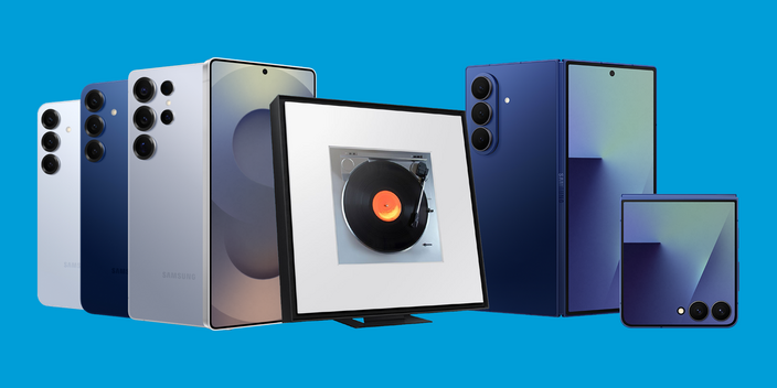 Image of the Samsung S25 series and the Samsung Galaxy Z7 series with the Samsung Music Frame