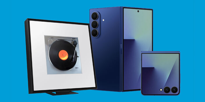 samsung z7 flip and z7 fold devices with a samsung frame speaker on a blue background