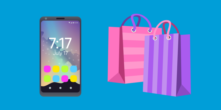 Emoji of a mobile phone and shopping bags on a blue background
