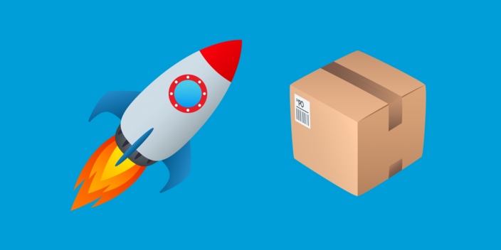 Emoji of a rocket ship taking off and a parcel on a blue background