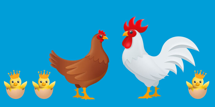 Image of a rooster and a hen with baby chicks wearing crowns on a blue background