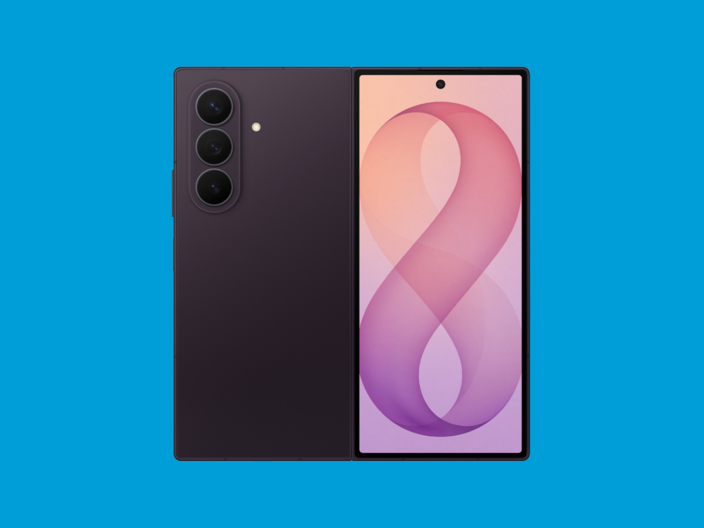 Samsung Galaxy Fold 8 Ultra smartphone on a blue background