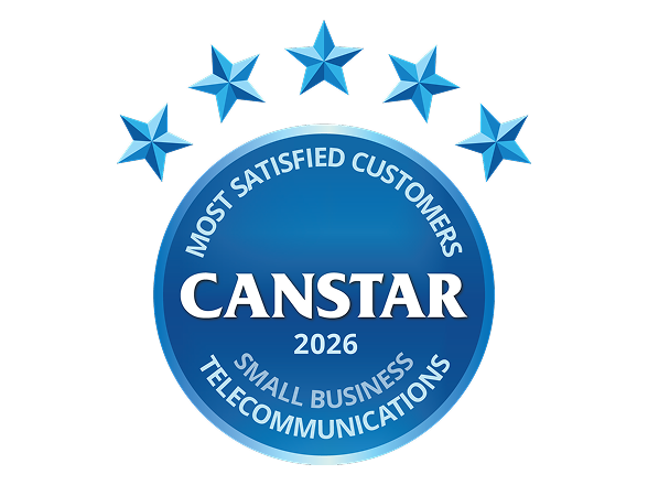 Image of the Canstar Badge for 2026 Most Satisfied Customers Small Business Telecommunications award 
