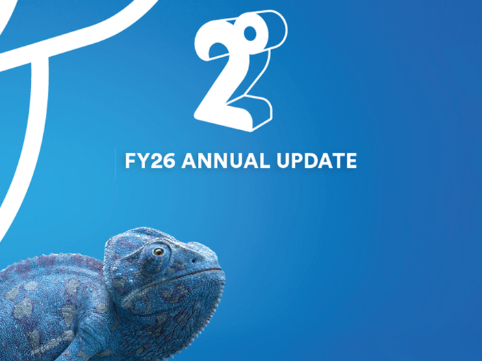 2degrees logo and FY26 Annual Update heading with a chameleon looking up at the heading
