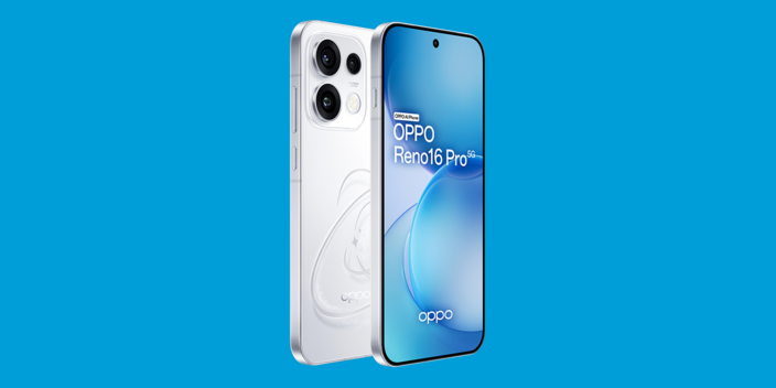 OPPO Reno16 Pro Smartphone on a blue background