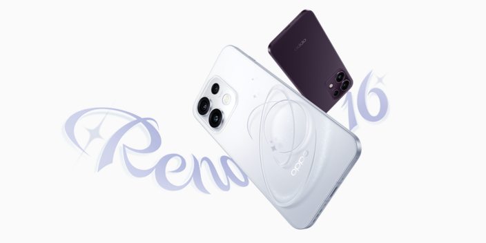 Image of the OPPO Reno 16 smartphone with Reno16 written in the background in a cursive font