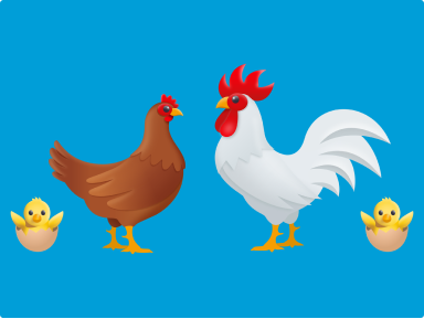 Image of a rooster and a hen with baby chicks on a blue background